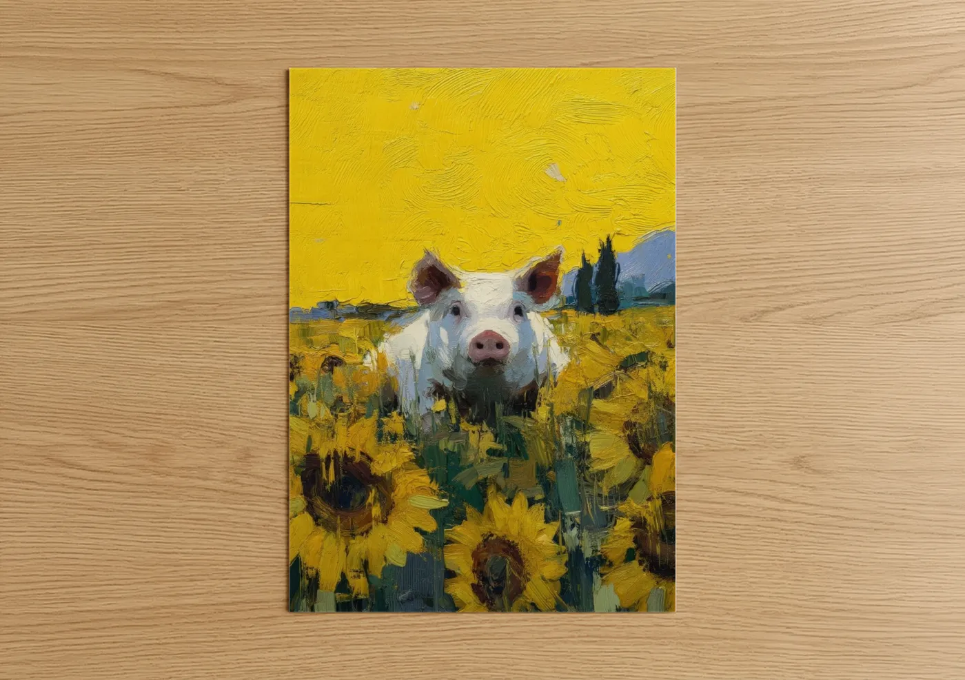 White Pig Sunflower Field Painting Wall Art