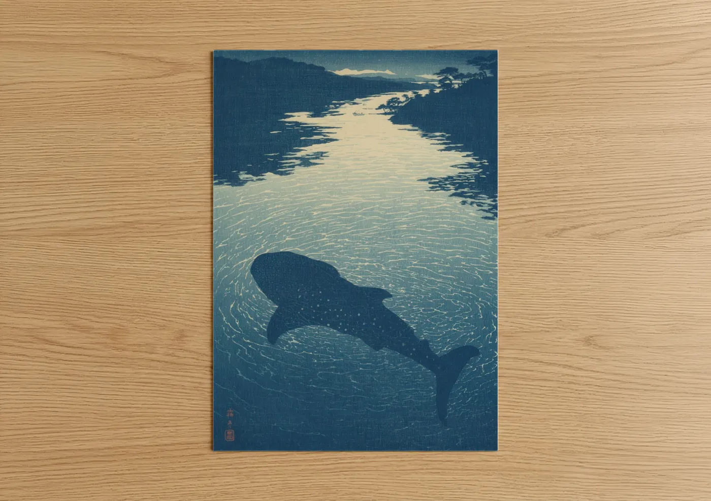 Moonlit Whale Shark Japanese Art Print Wall Art