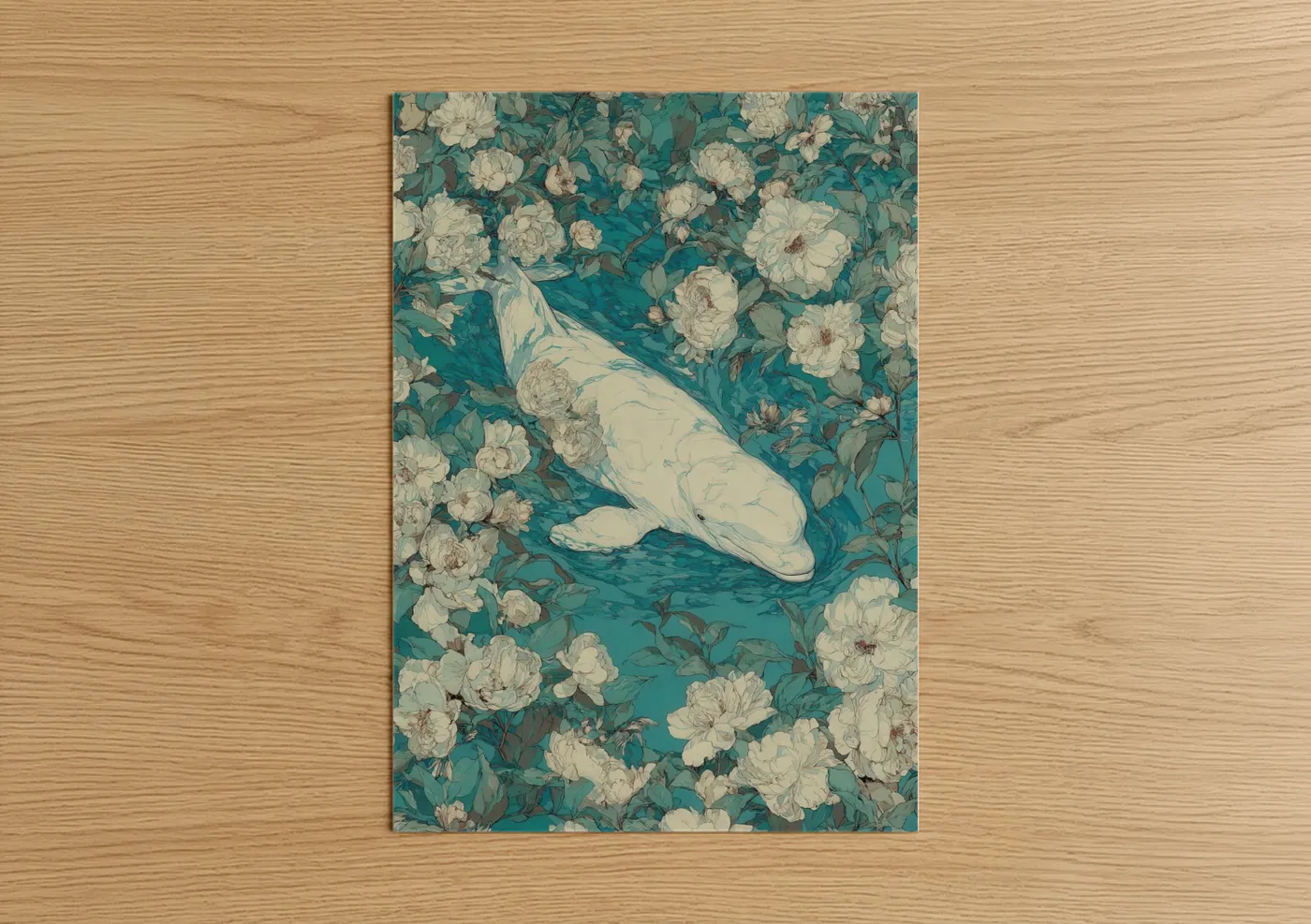 Beluga Whale Floral Botanical Art Wall Art