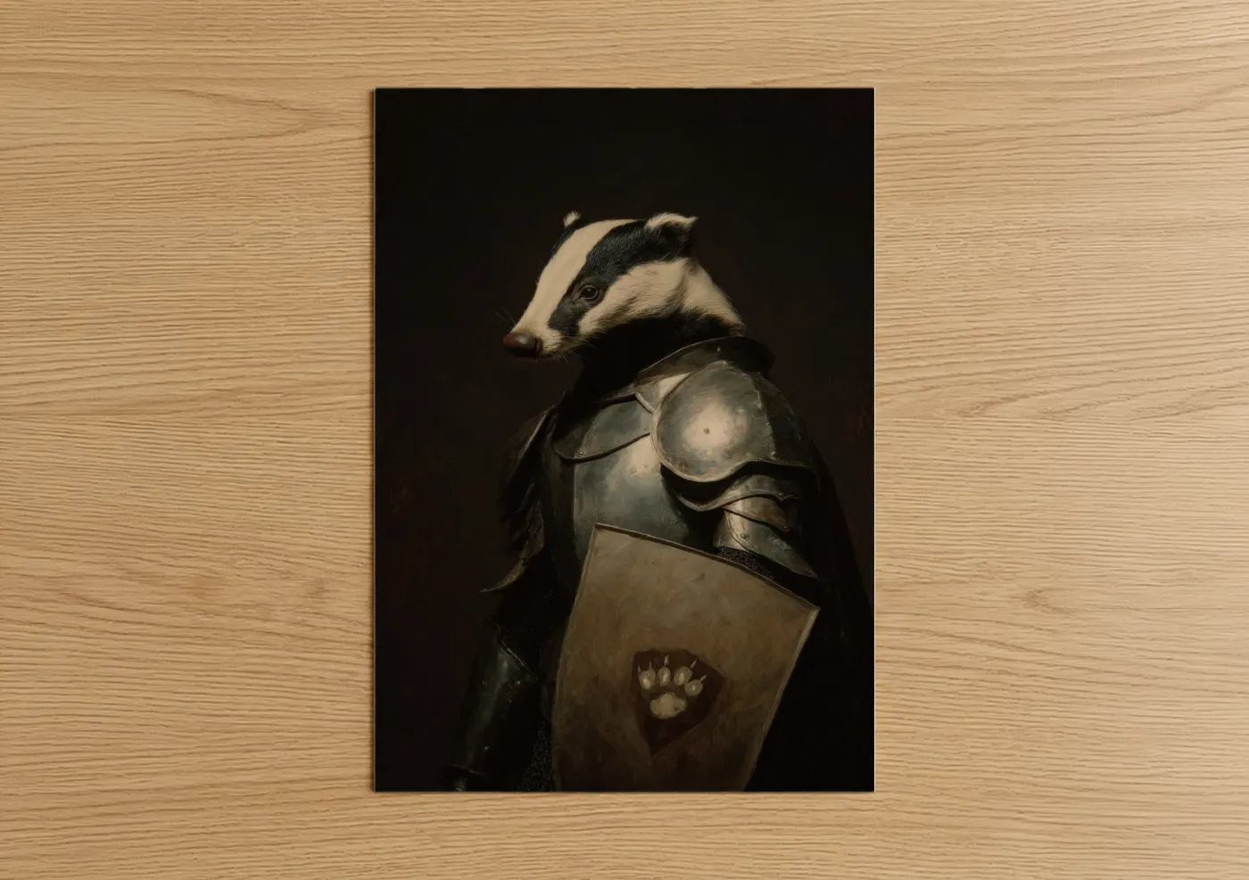 Art print on warm oak wood — black and white and espresso palette — Armored Badger poster