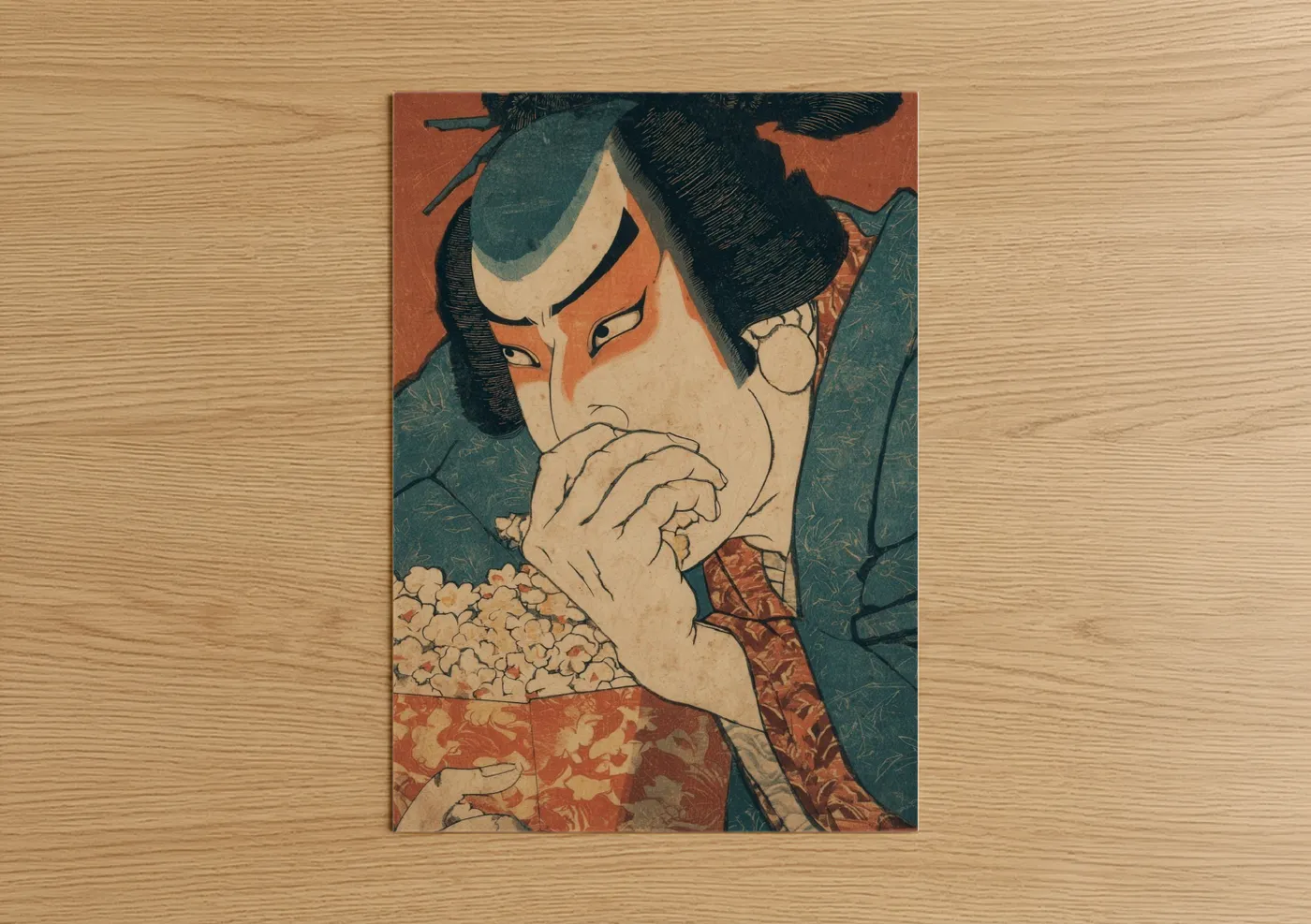 Art print on warm oak wood — teal palette — Kabuki Popcorn poster