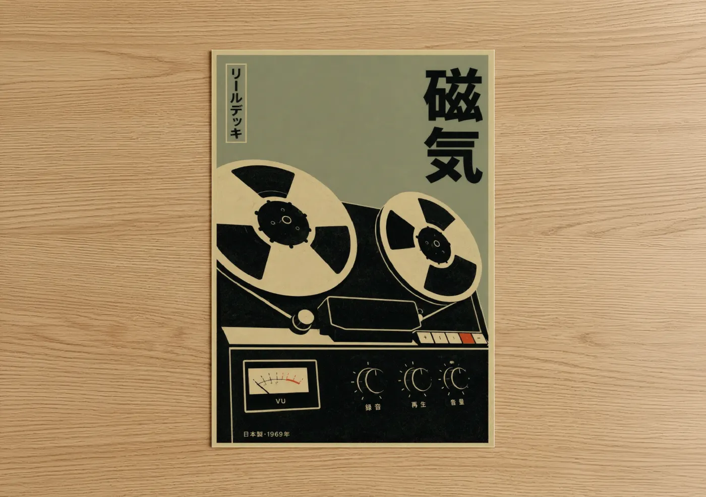 Music equipment art print on warm oak wood — beige and black palette — Vintage Japanese Reel to Reel Wall Art poster