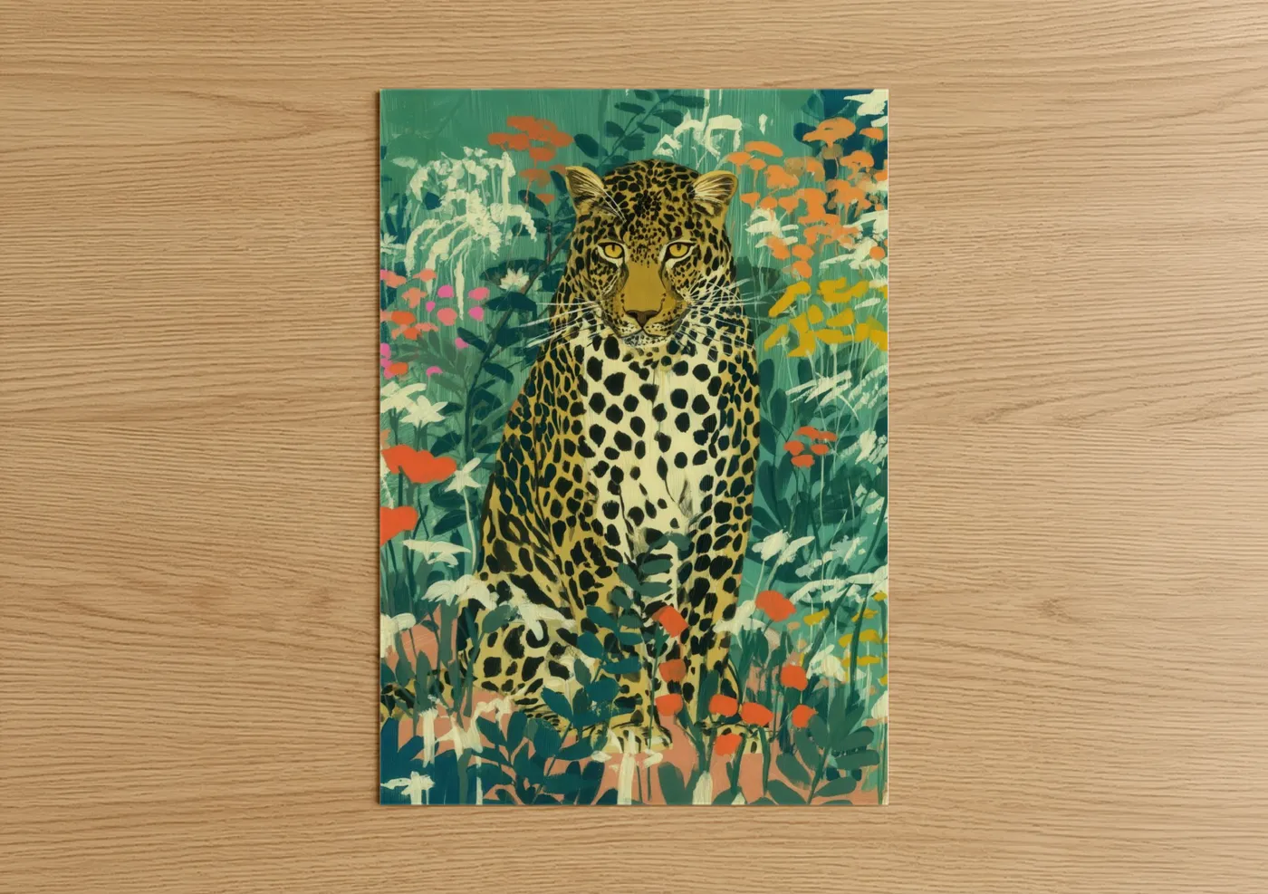 Art print on warm oak wood — gold and true green palette — Golden Leopard poster