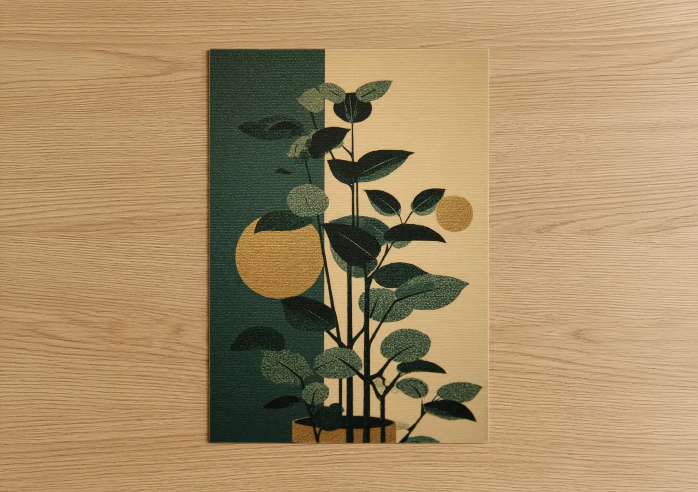 Banyan tree art print on warm oak wood — dark green and gold palette — Golden Banyan poster