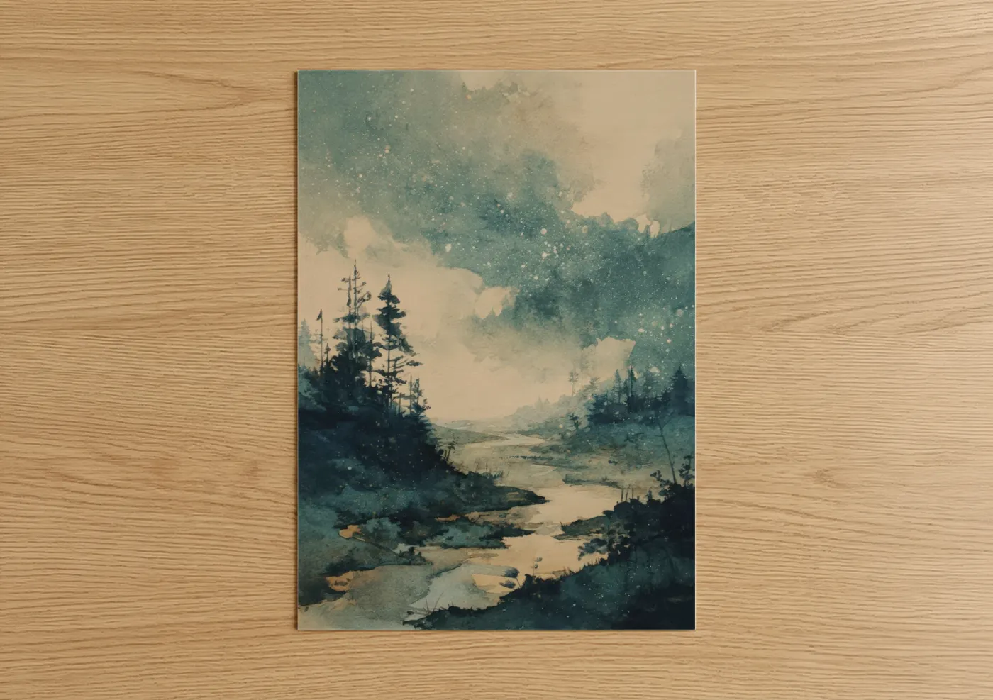 Northern lights art print on warm oak wood — teal and cream palette — Misty Forest Aurora poster