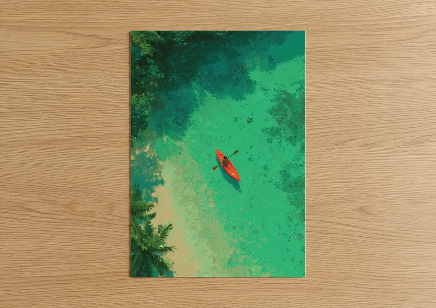 Canoeing and kayaking art print on warm oak wood — teal and light green palette — Aerial Kayak poster