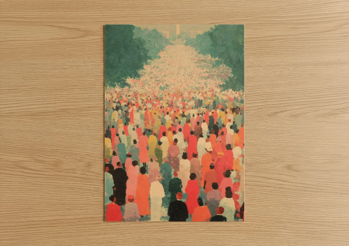Martin luther king jr day art print on warm oak wood — red and green palette — Gathering Strength poster