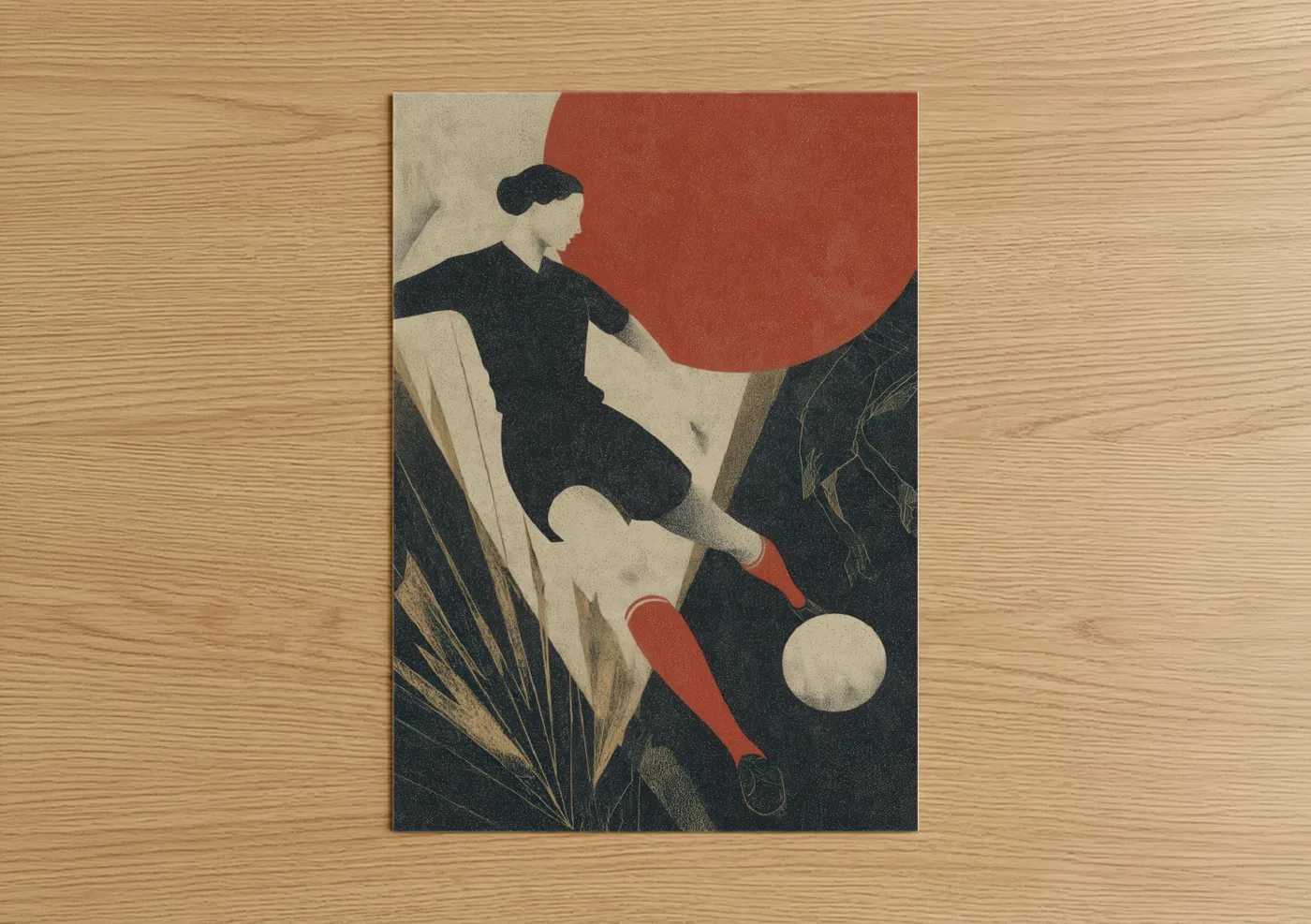 Art print on warm oak wood — russet and cream palette — Athletic Soccer Player poster