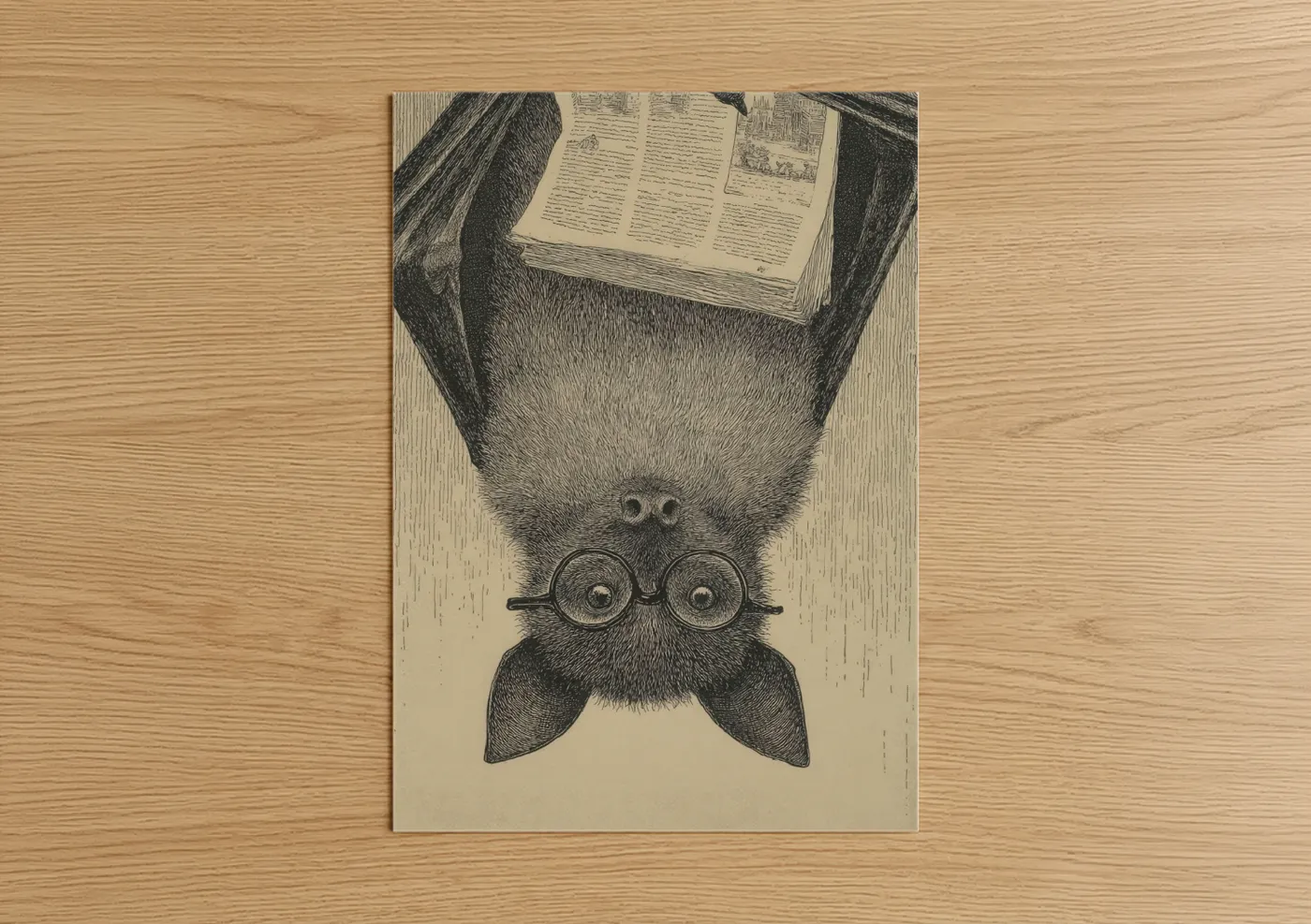 Art print on warm oak wood — black and white and cream palette — Scholarly Bat poster