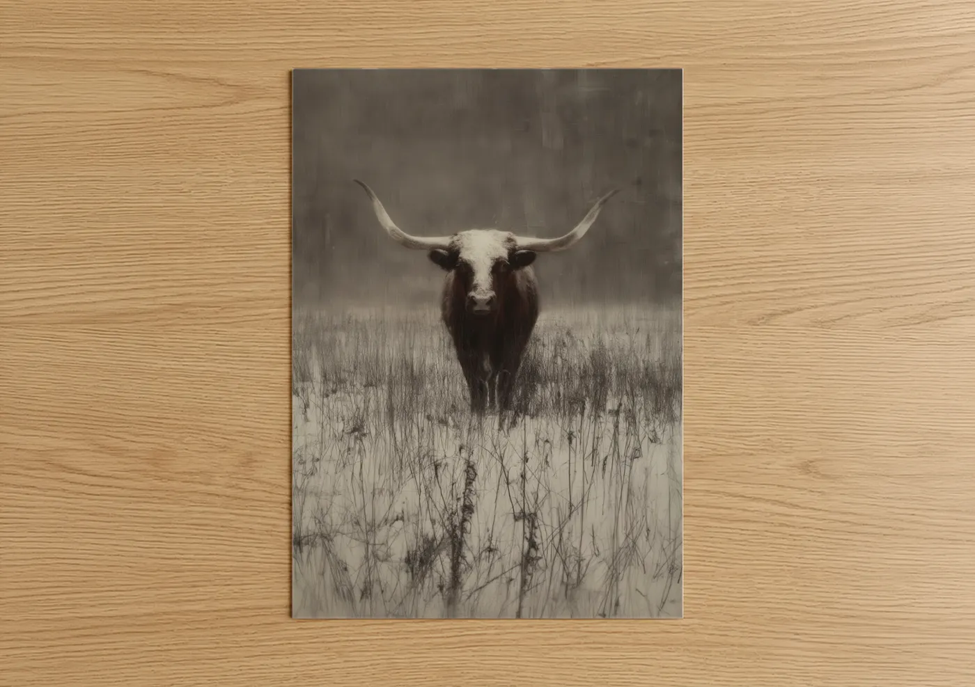 Longhorn Cow Winter Field Landscape Wall Art