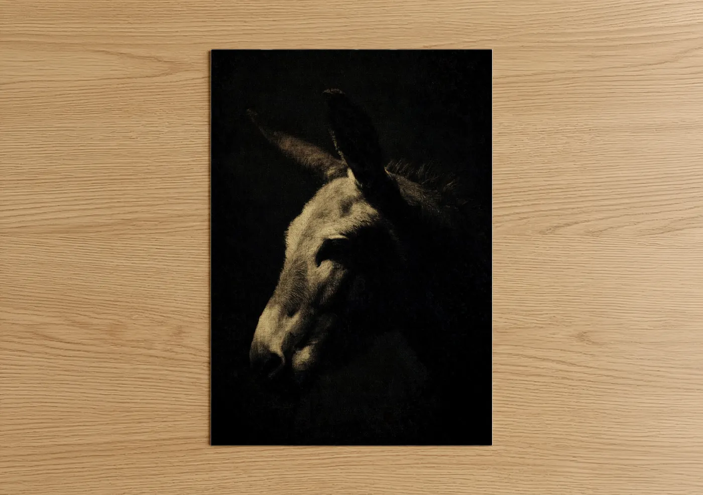 Art print on warm oak wood — black and gold palette — Shadowed Mule poster