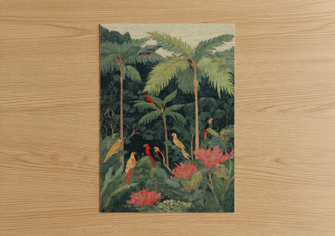 Tropical trees art print on warm oak wood — dark green and gold palette — Tropical Jungle Paradise poster
