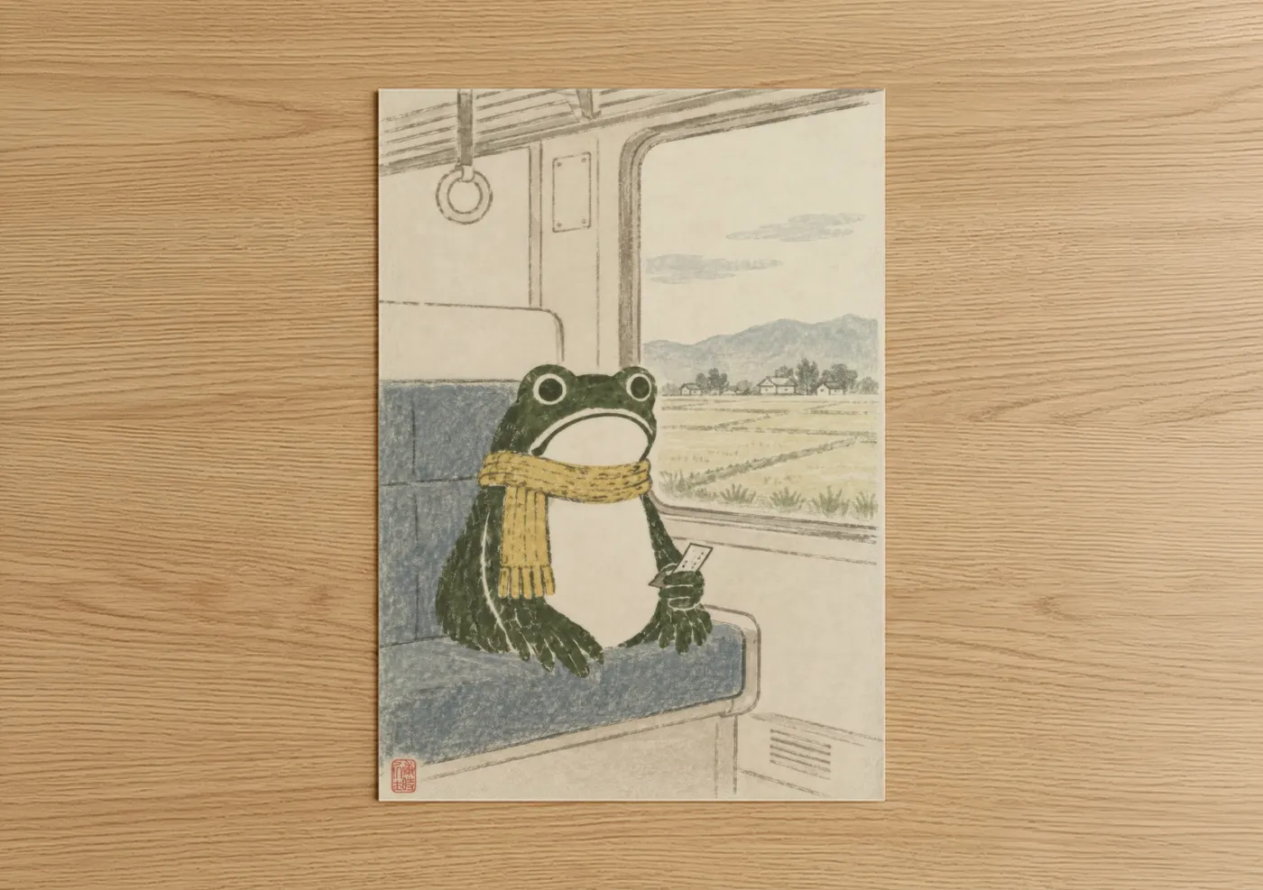Frogs and toads art print on warm oak wood — green and beige palette — Frog on Train Japanese Woodblock Wall Art poster