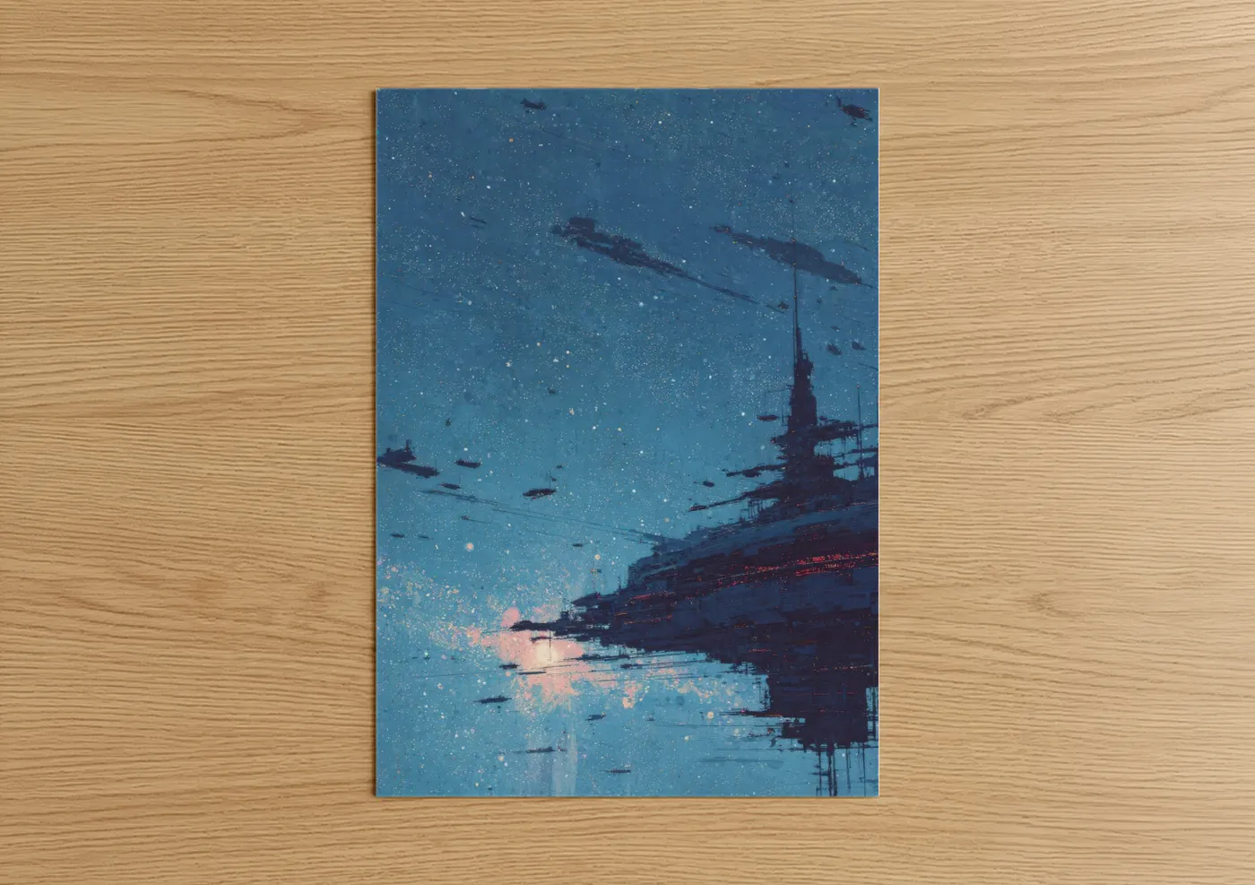 Space art print on warm oak wood — blue and gold palette — Starlit Fleet poster
