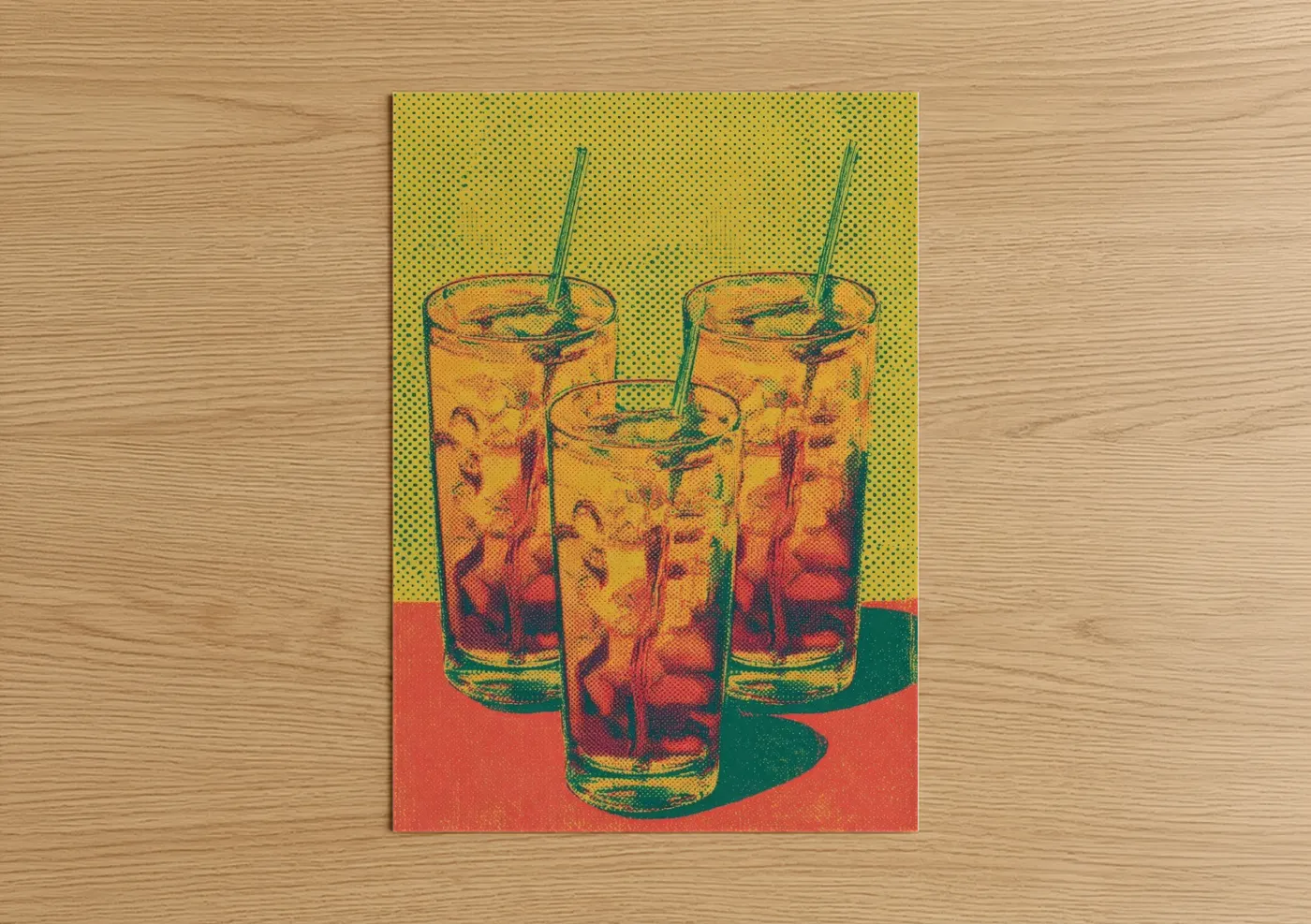 Art print on warm oak wood — yellow gold and red palette — Colorful Iced Tea poster