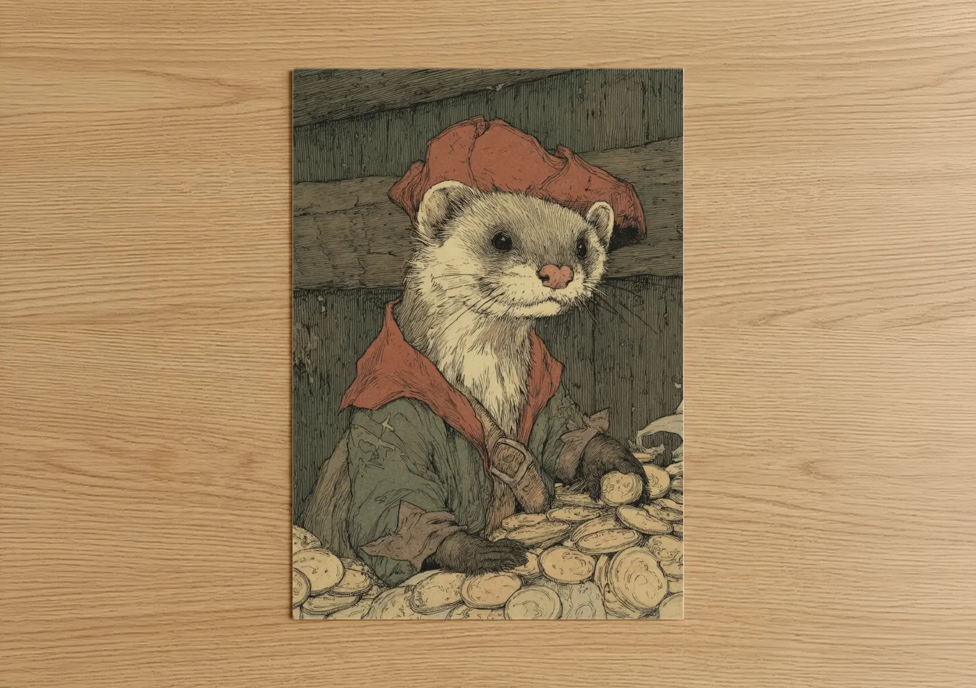 Art print on warm oak wood — russet and sage green palette — Dapper Weasel poster