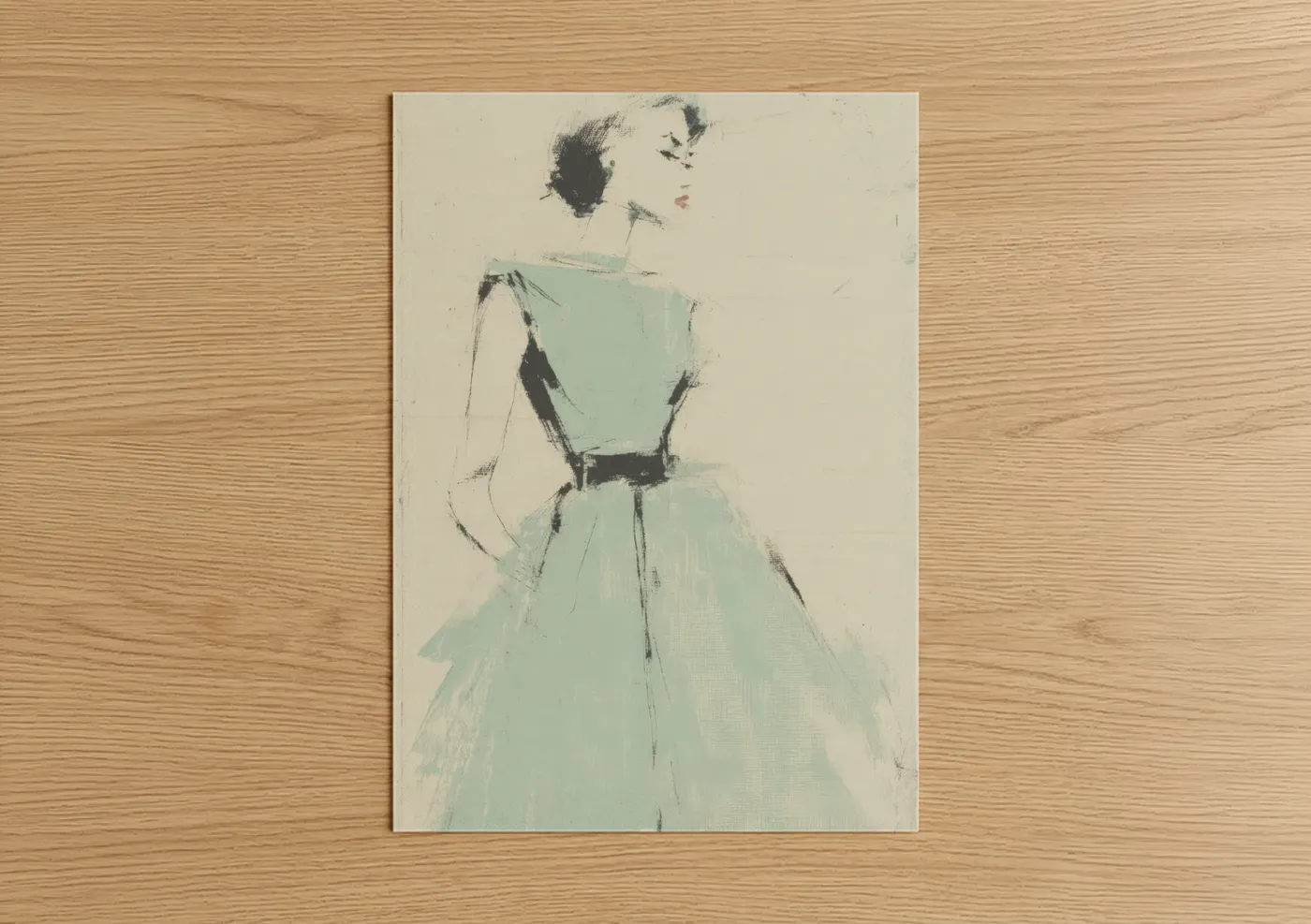 Fashion illustration art print on warm oak wood — light green and cream palette — Mint Elegance poster