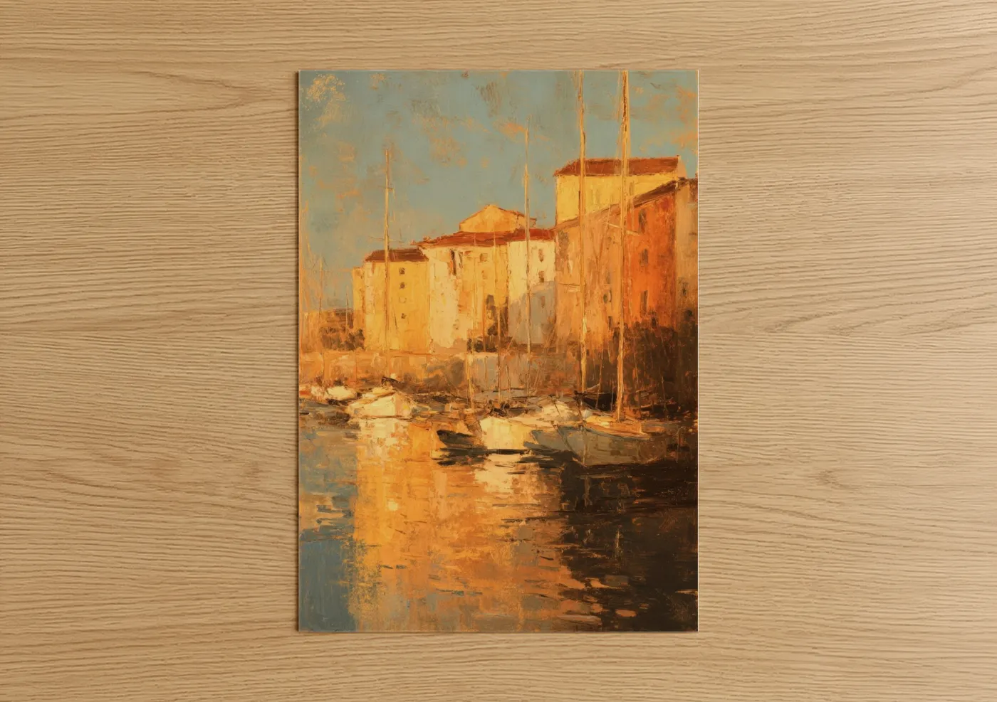 Art print on warm oak wood — gold and orange palette — Golden Harbor Sunset poster
