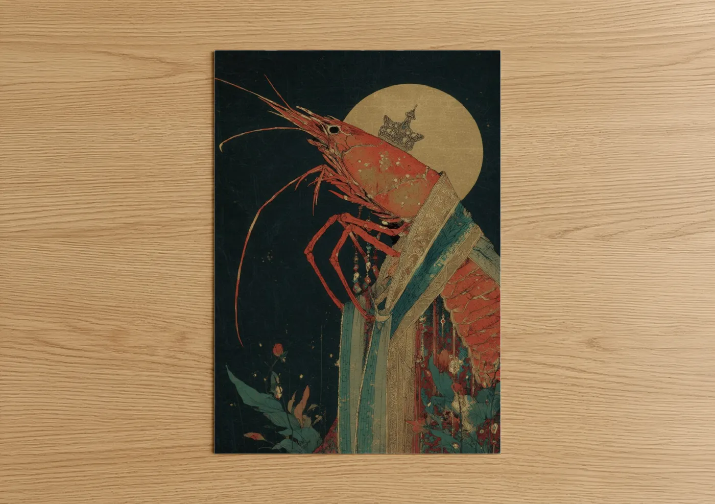 Art print on warm oak wood — red and dark green palette — Crimson Shrimp Moon poster