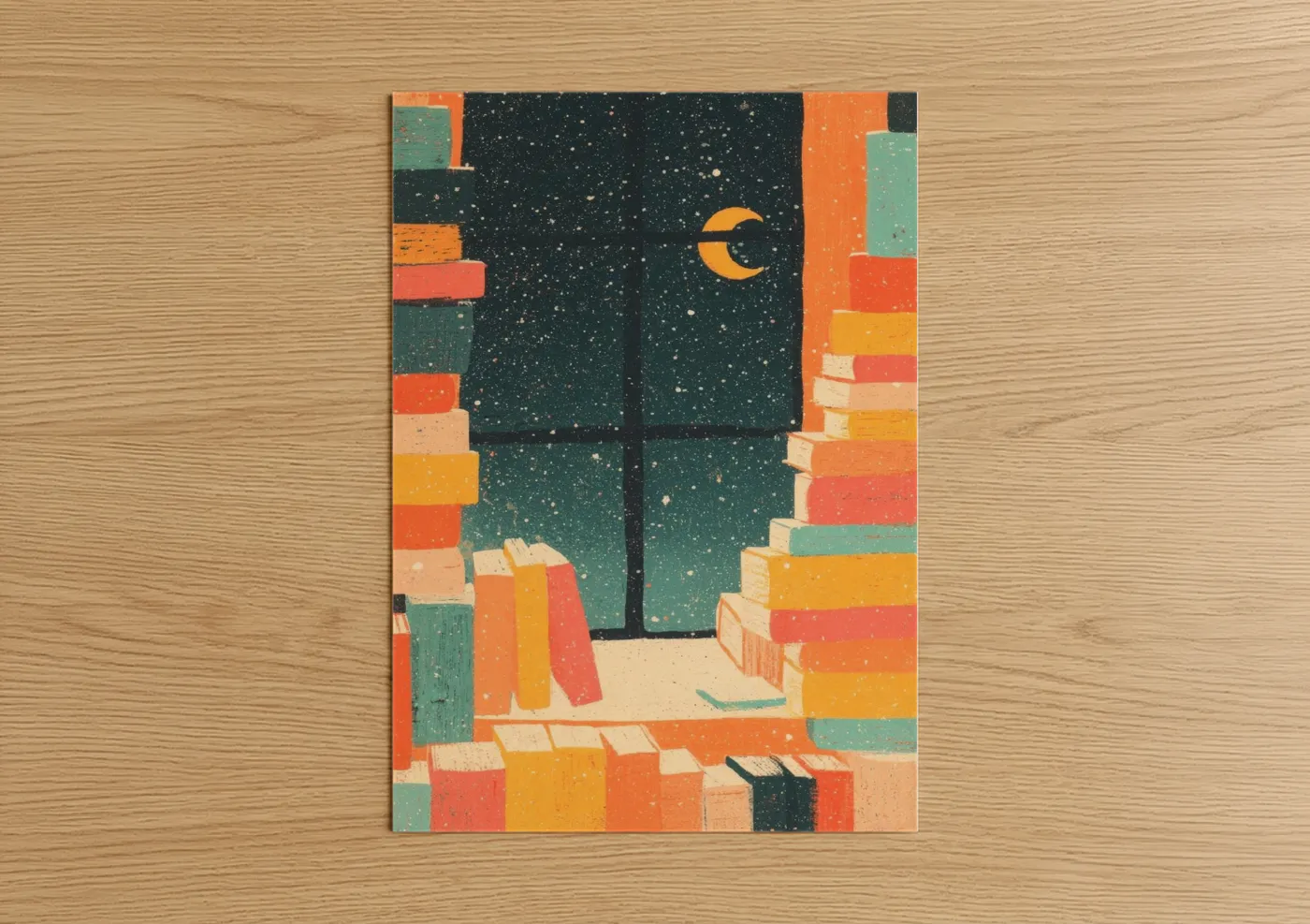 Art print on warm oak wood — orange and teal palette — Midnight Library Window poster