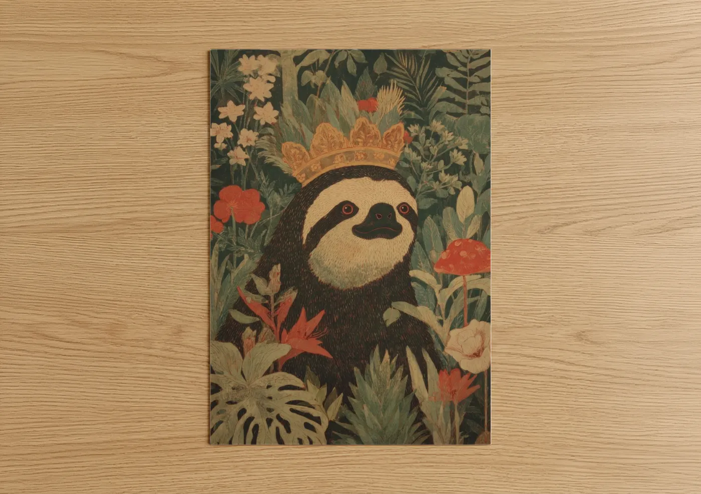 Art print on warm oak wood — dark green and russet palette — Royal Sloth poster