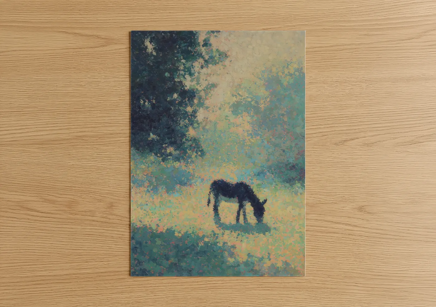 Art print on warm oak wood — teal and gold palette — Grazing Mule poster