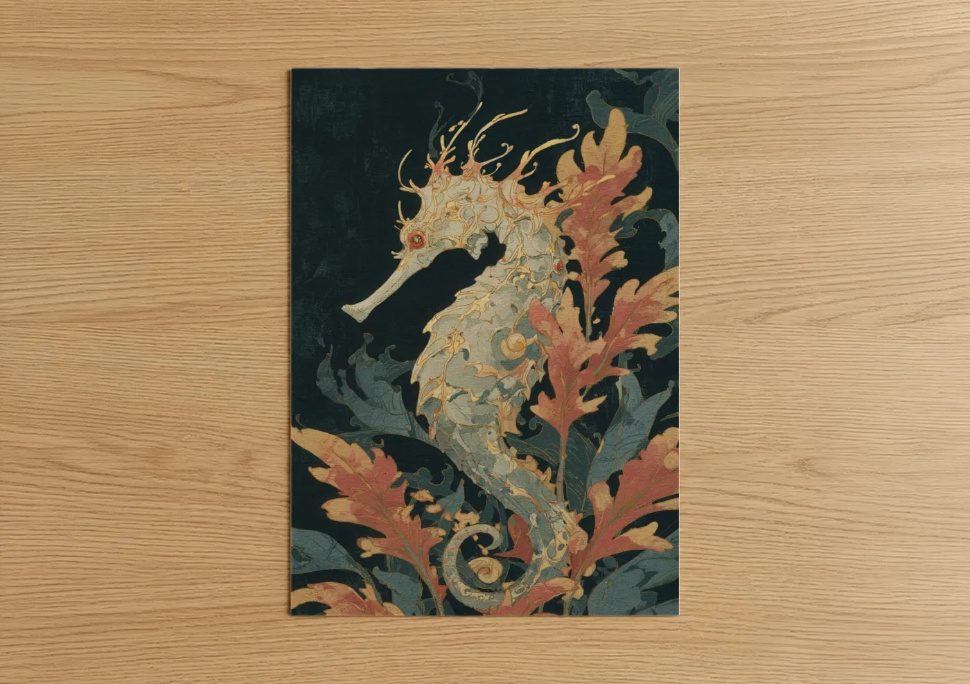 Golden Seahorse with Coral Ornament Wall Art