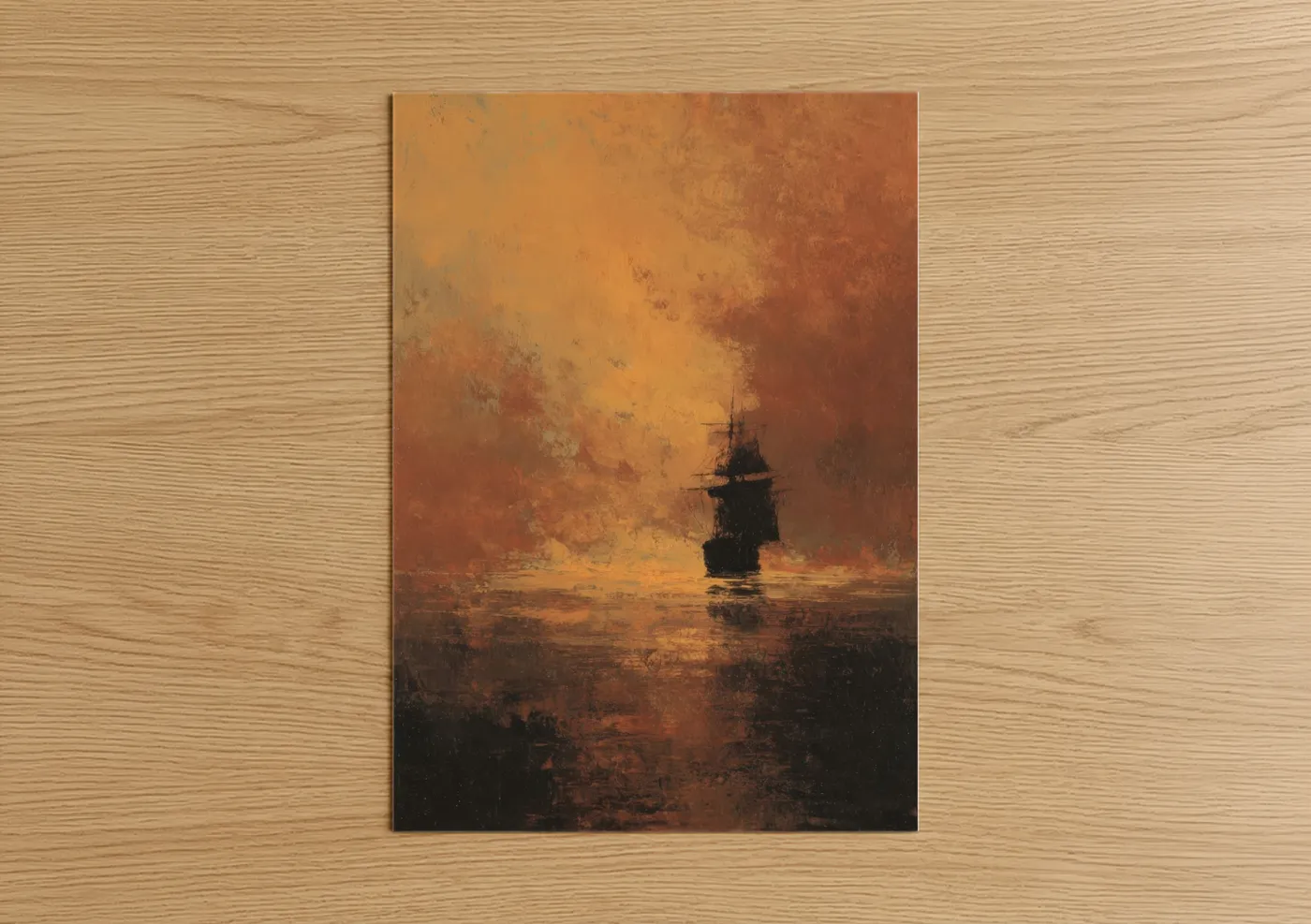 Old ships art print on warm oak wood — gold and russet palette — Golden Horizon Ship poster