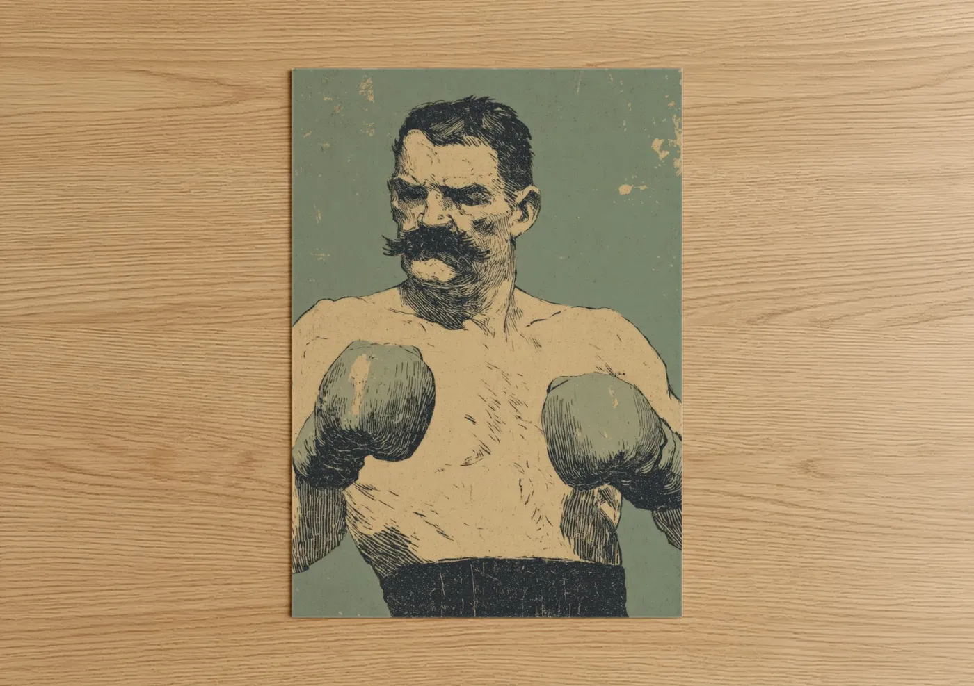 Boxing art print on warm oak wood — sage green and cream palette — Vintage Boxer poster