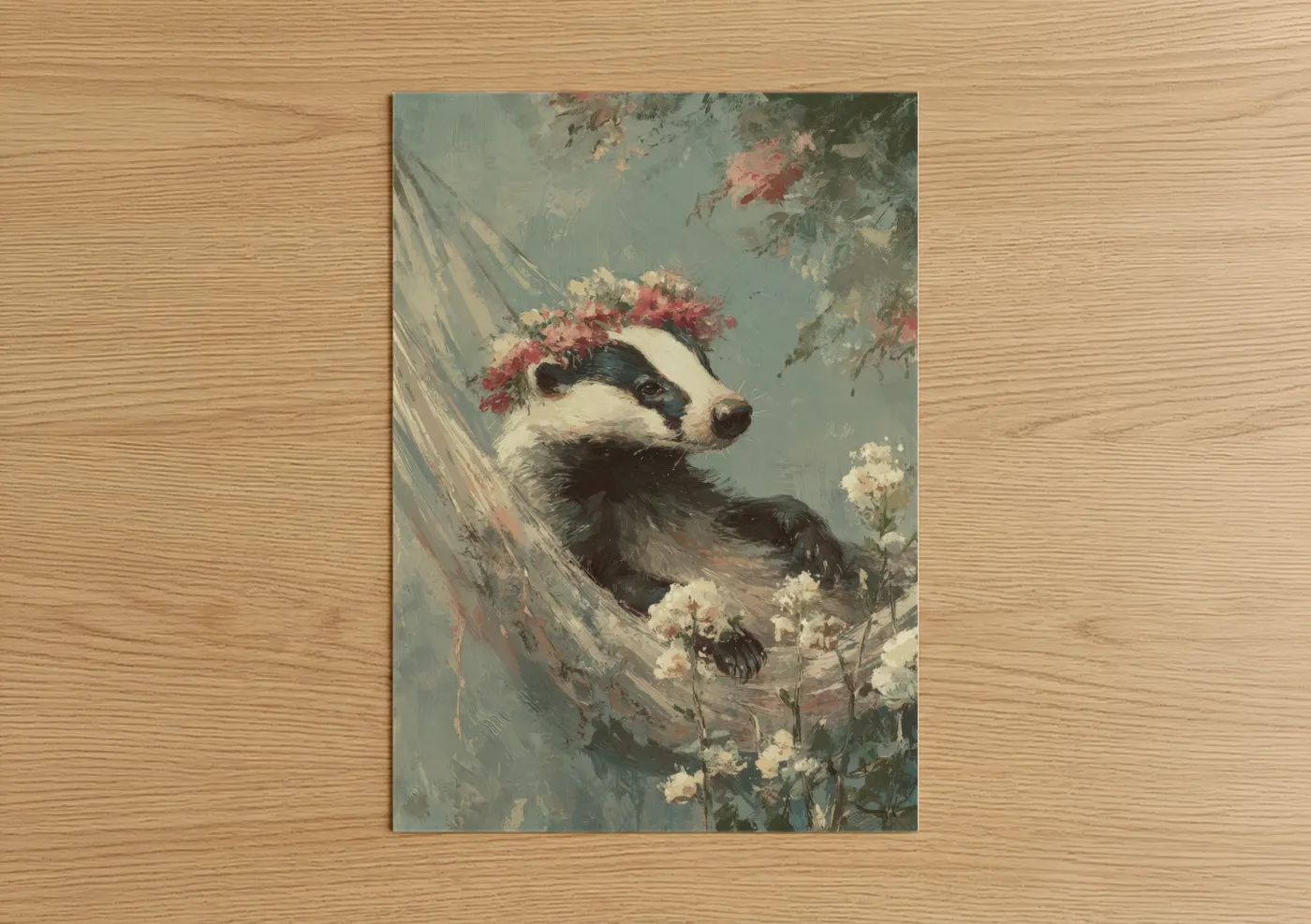 Floral Badger Vintage Art Print Wall Art