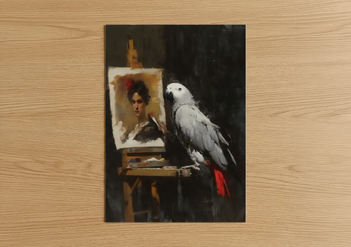 Safari parrots art print on warm oak wood — black and gold palette — Artistic Parrot poster
