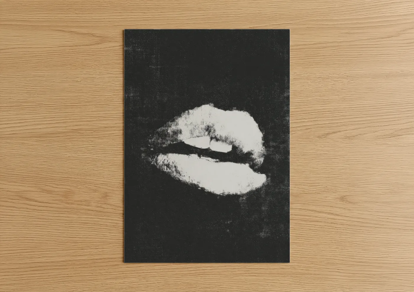 Art print on warm oak wood — black and white palette — Monochrome Lip poster