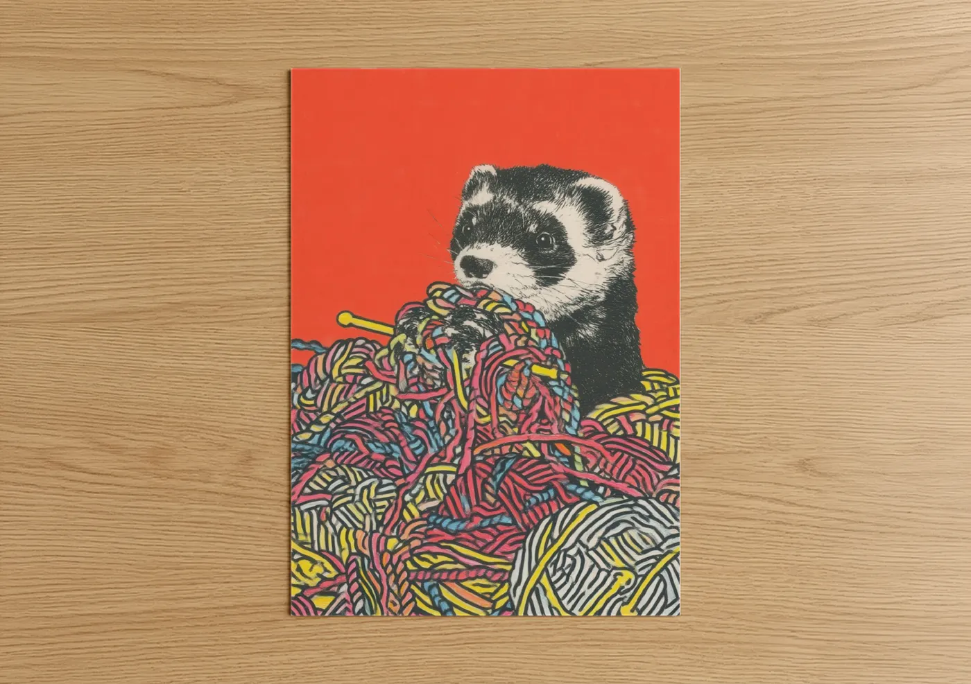Art print on warm oak wood — red and gold palette — Playful Ferret Pop poster