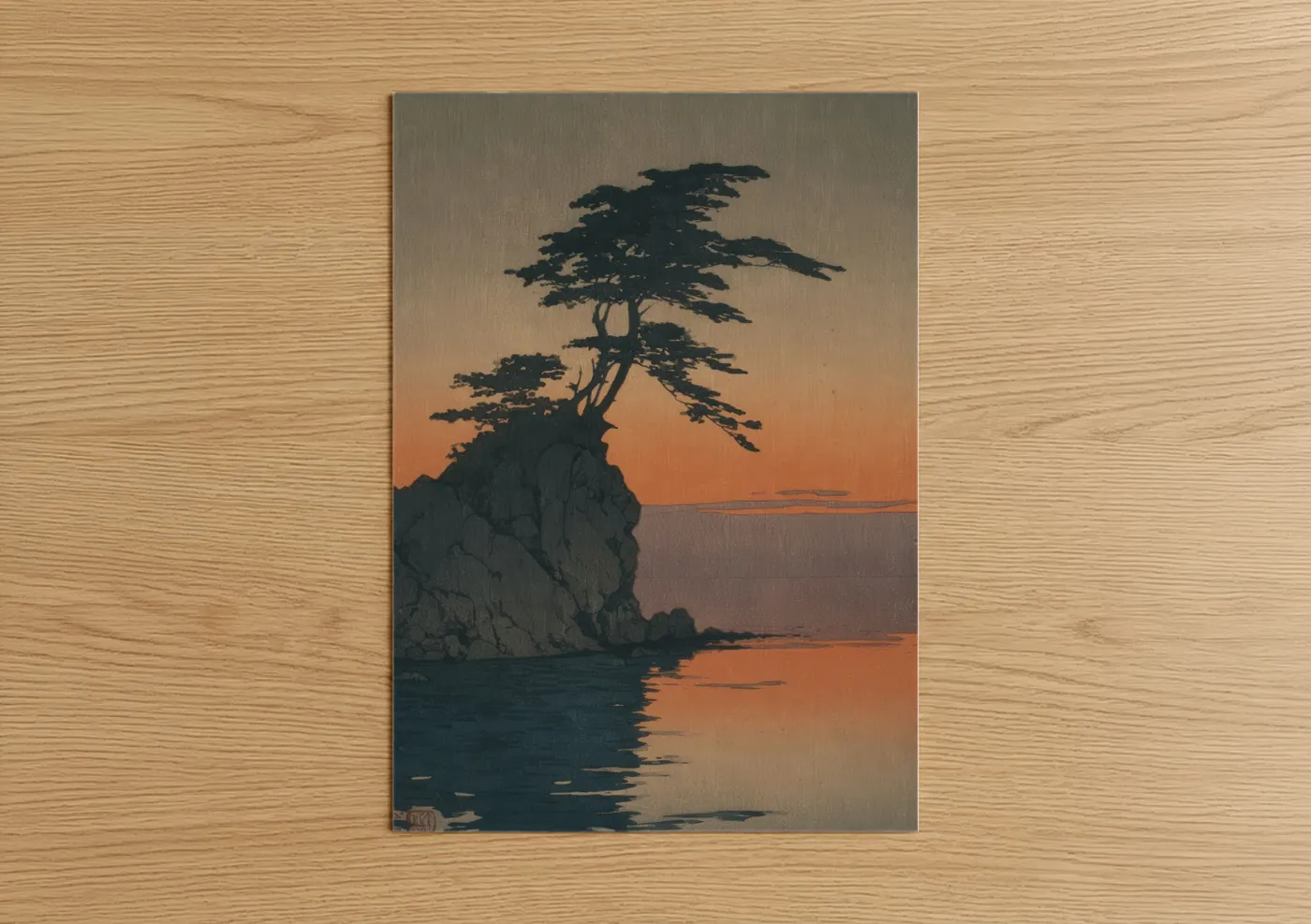 Cypress tree art print on warm oak wood — gold and dark blue palette — Coastal Cypress poster