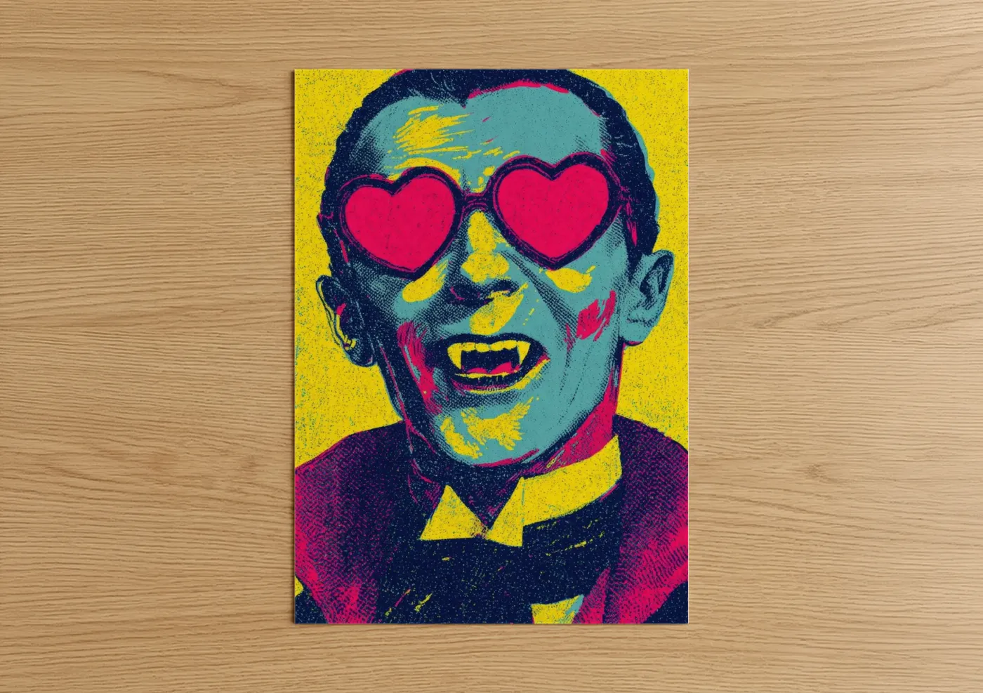 Art print on warm oak wood — yellow gold and magenta palette — Lovestruck Vampire poster