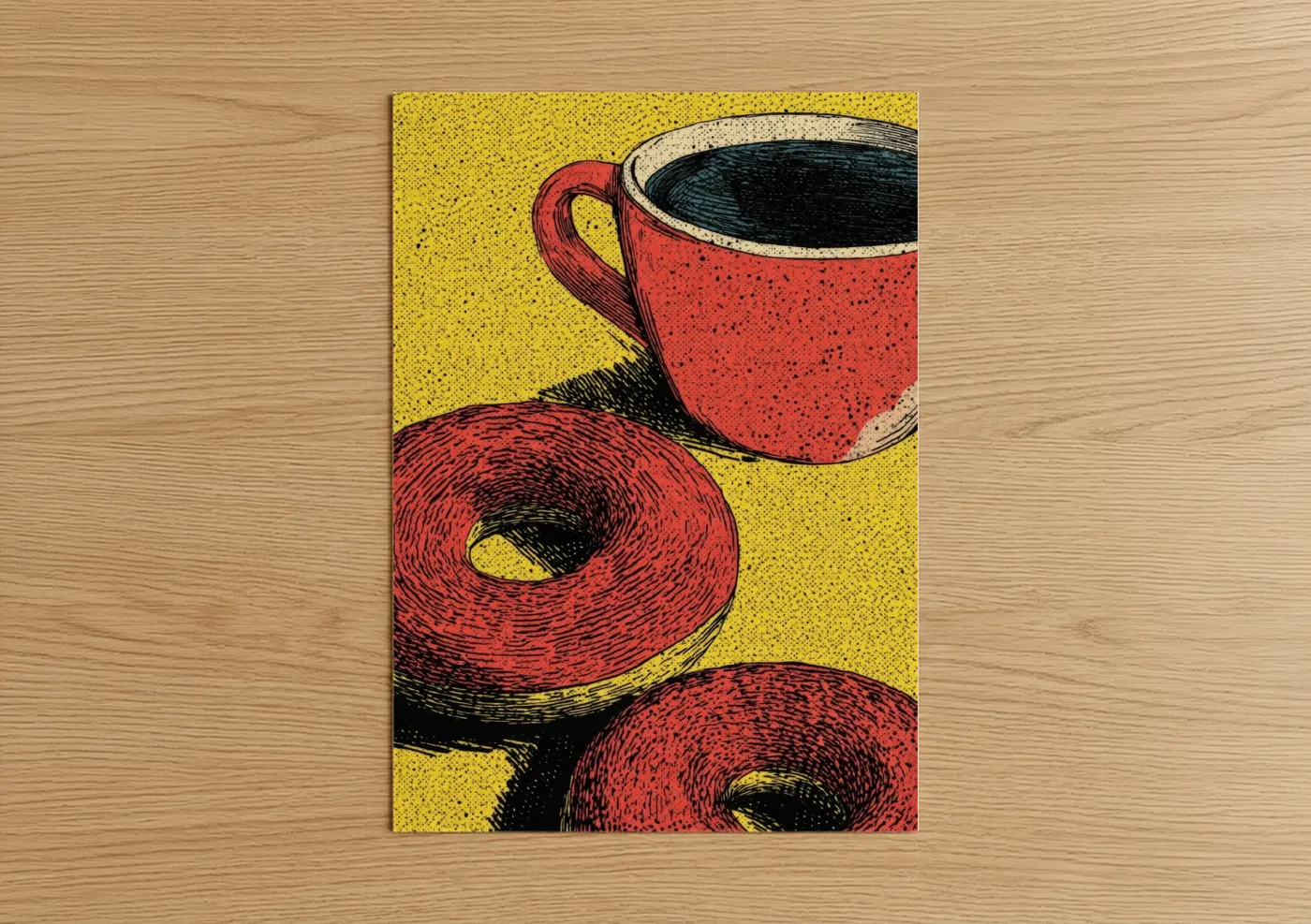 Breakfast art print on warm oak wood — red and yellow palette — Morning Coffee & Donuts poster
