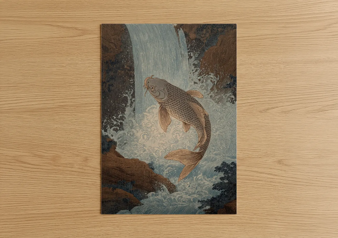 Golden Koi Fish Waterfall Japanese Wall Art