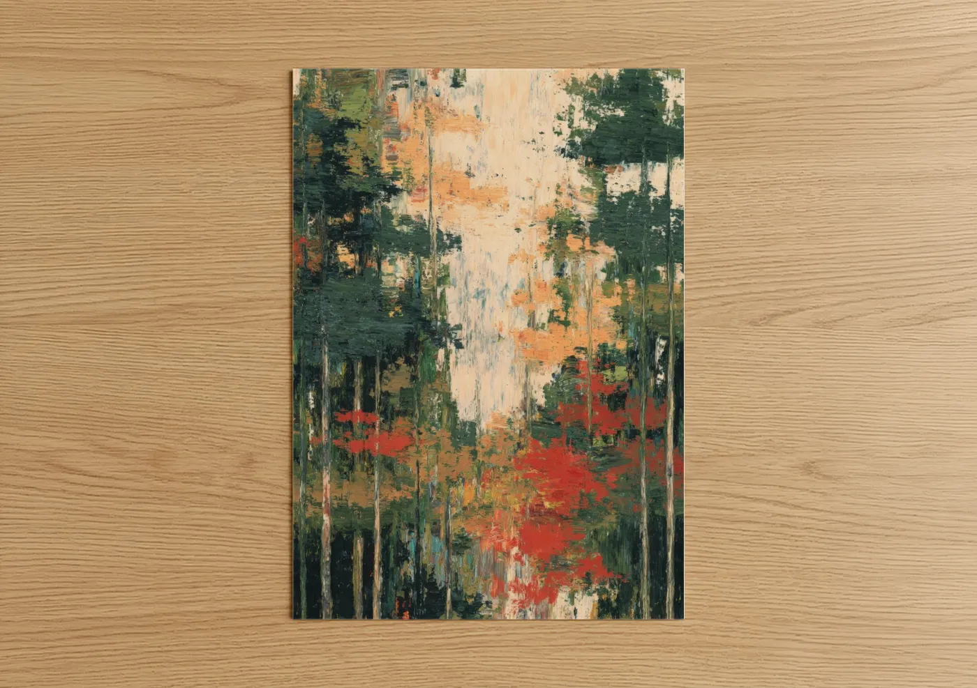 Art print on warm oak wood — dark green and orange palette — Autumn Cedar Forest poster