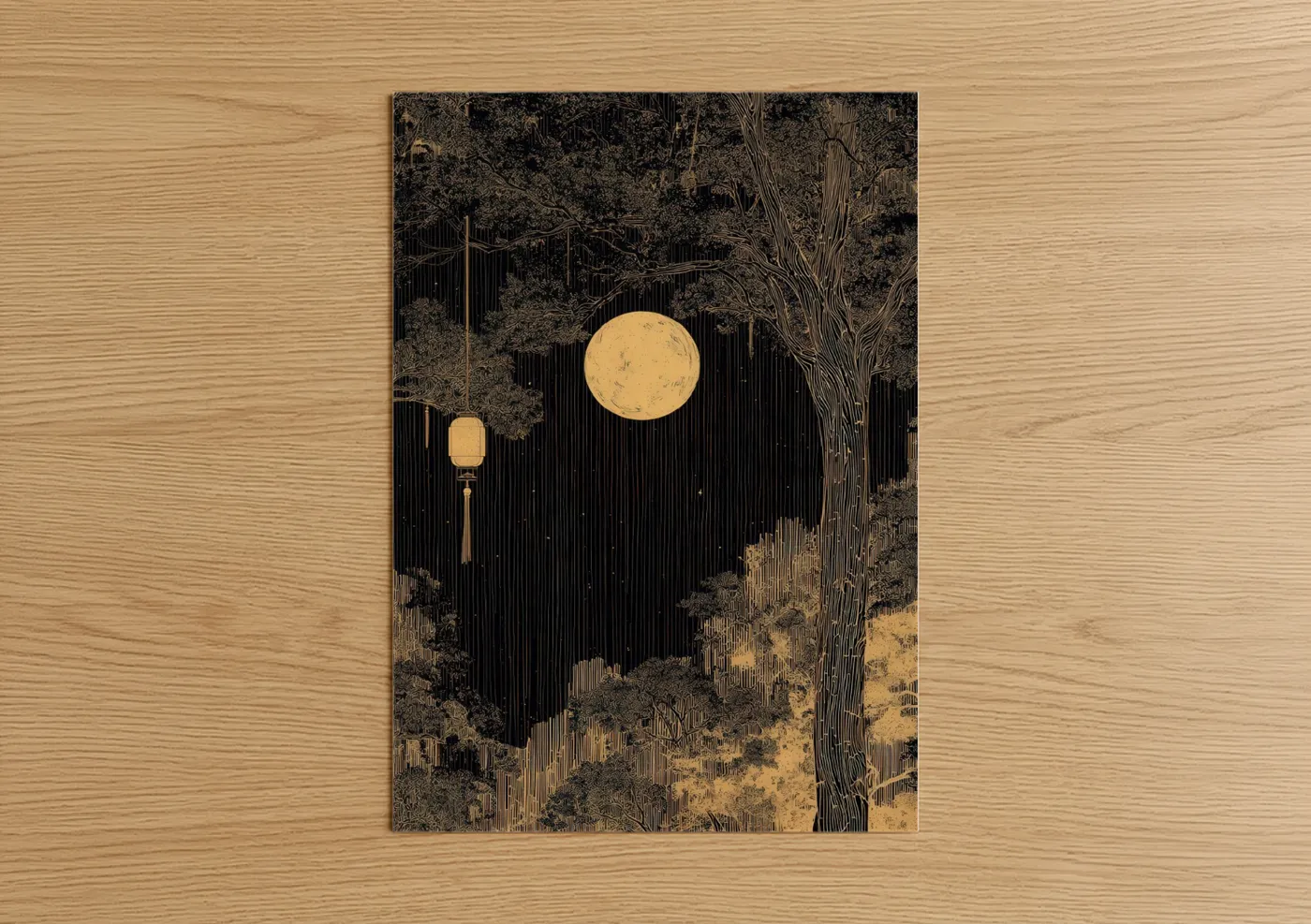 Golden Moon Night Forest Illustration Wall Art