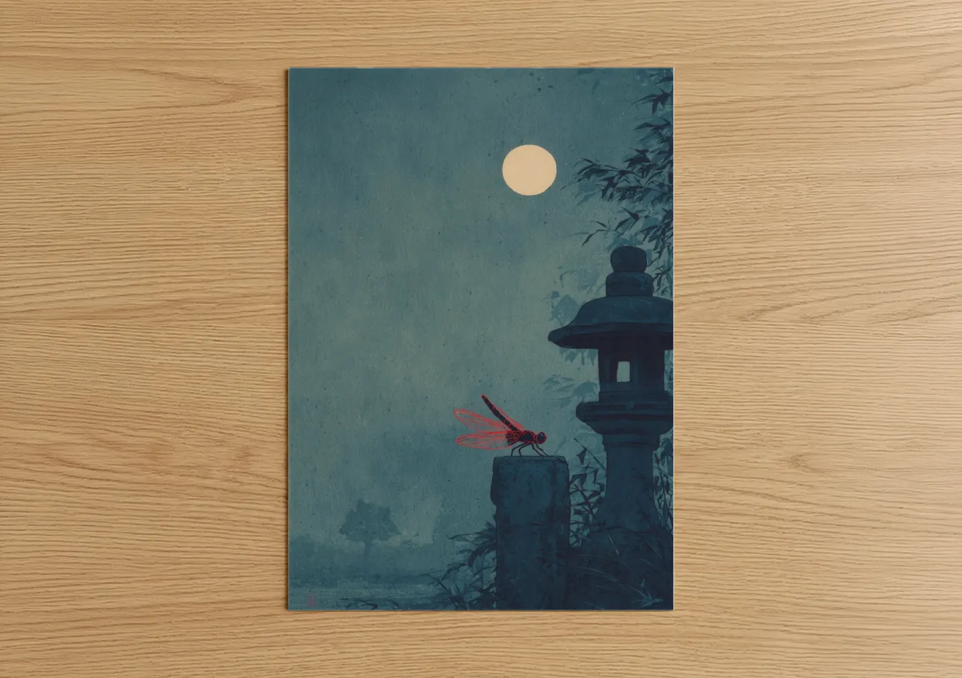 Red Dragonfly Moonlight Asian Garden Wall Art