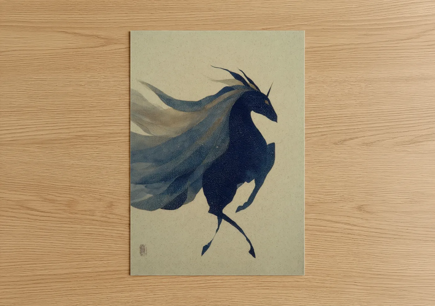 Unicorns art print on warm oak wood — blue and cream palette — Ethereal Unicorn poster