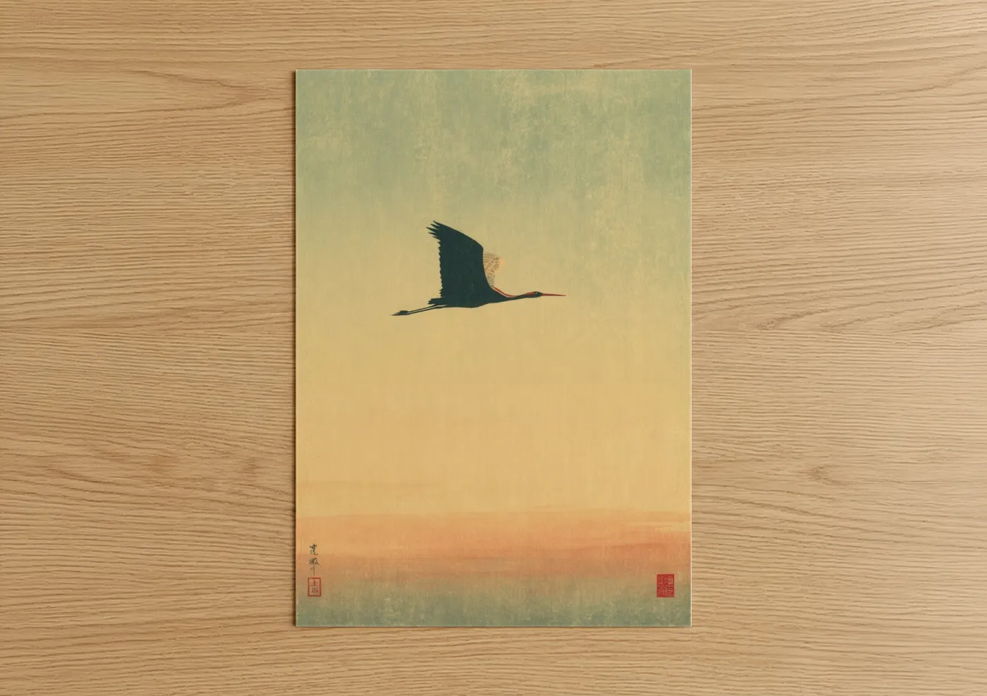 Morning sky art print on warm oak wood — gold and beige palette — Crane Dawn Flight poster
