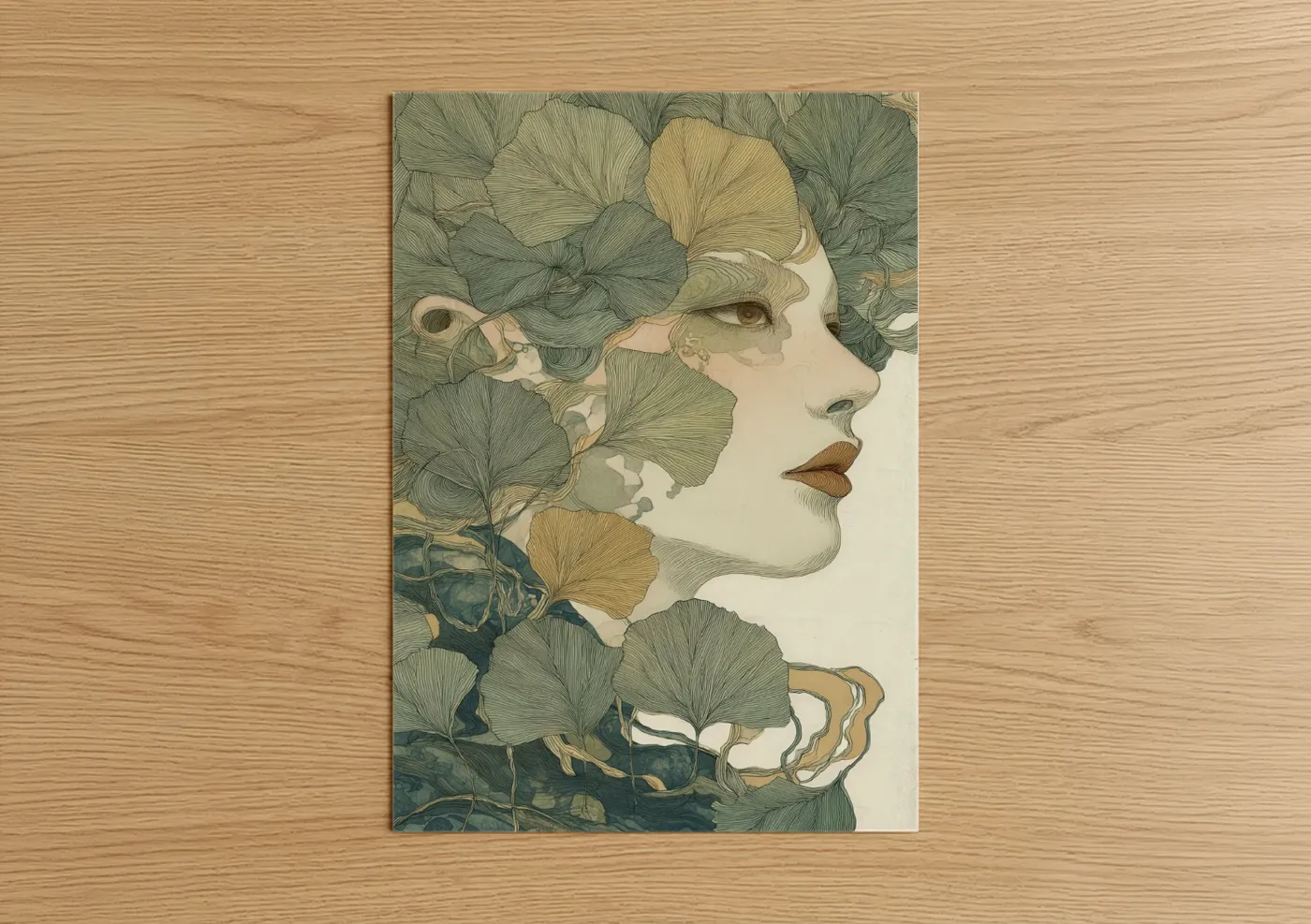 Linden tree art print on warm oak wood — sage green and cream palette — Ginkgo Reverie poster