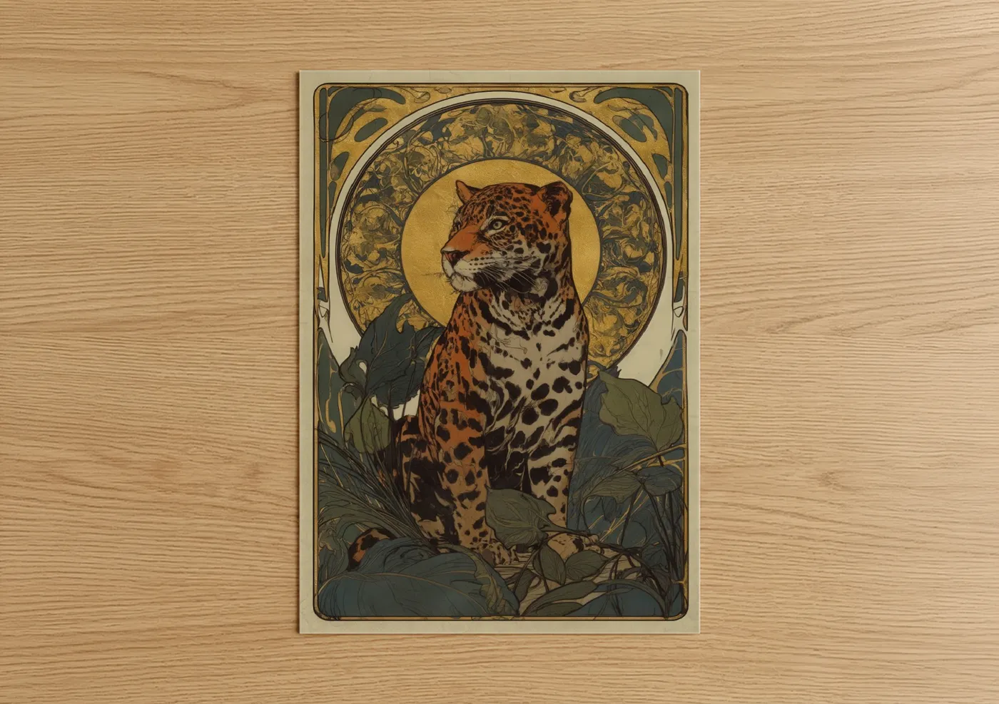 Art print on warm oak wood — gold and russet palette — Sacred Jaguar poster