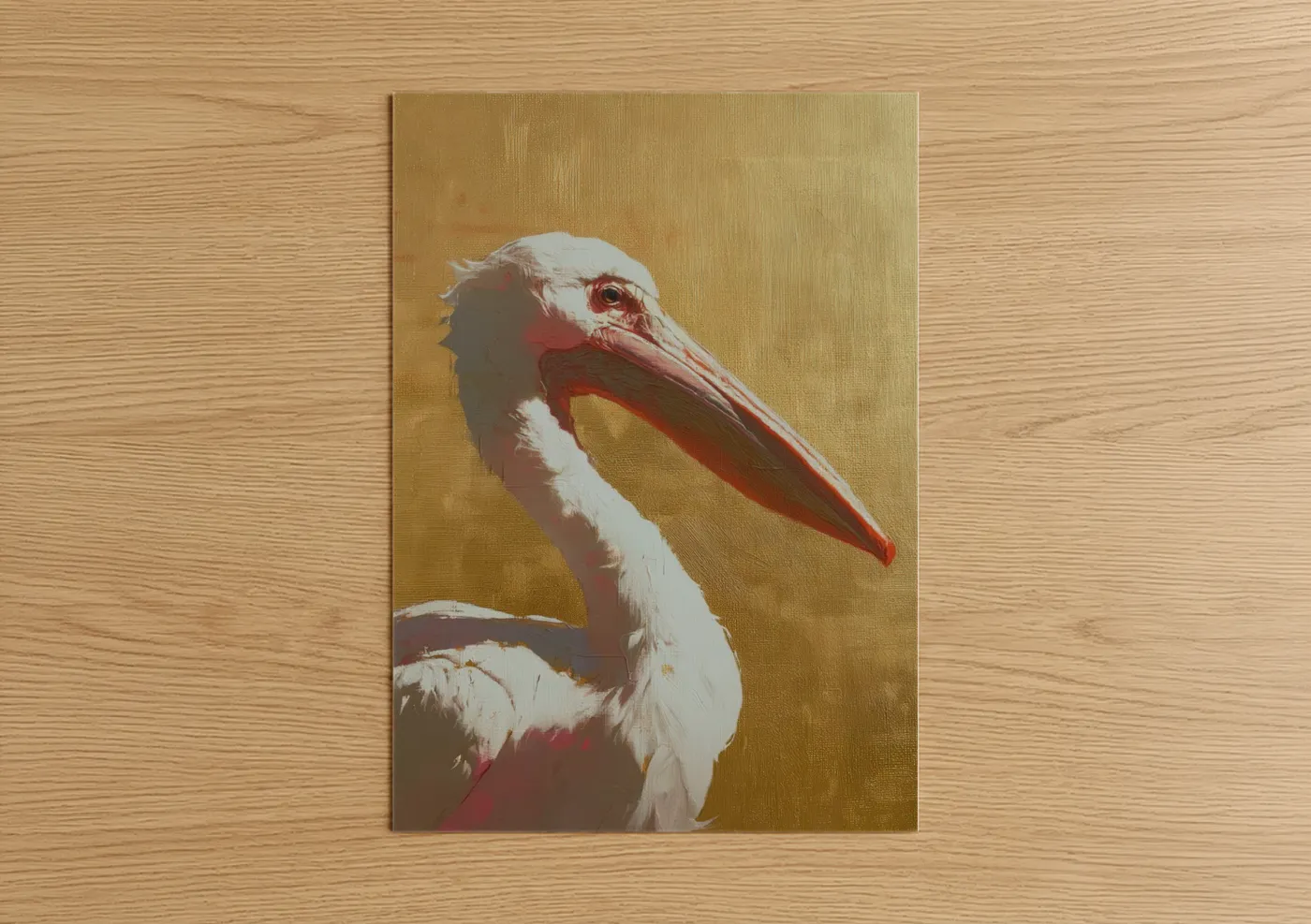 Art print on warm oak wood — yellow gold and russet palette — Golden Pelican poster