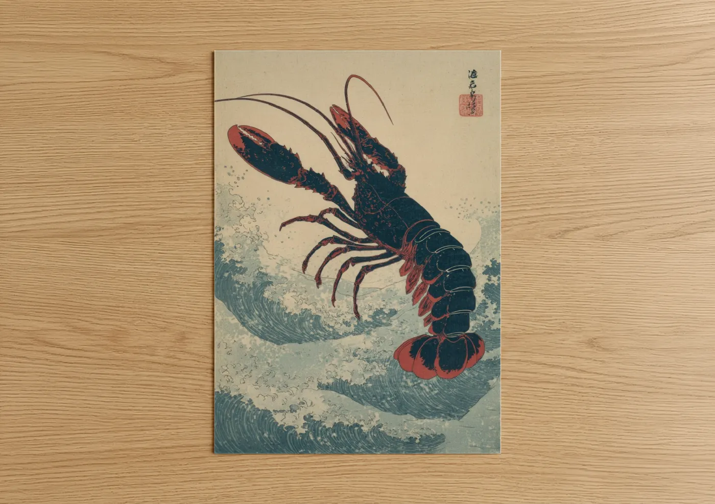 Art print on warm oak wood — red and teal palette — Crimson Lobster Wave poster