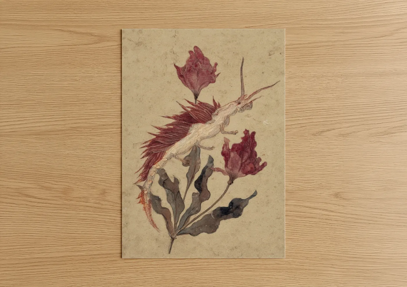 Art print on warm oak wood — maroon and cream palette — Crimson Nudibranch poster