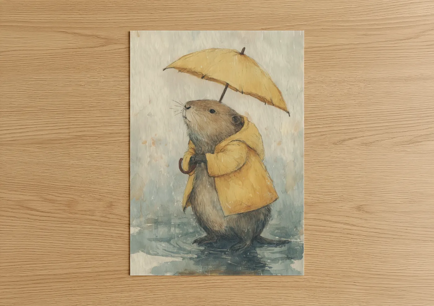 Rainy Day Beaver Watercolor Wall Art