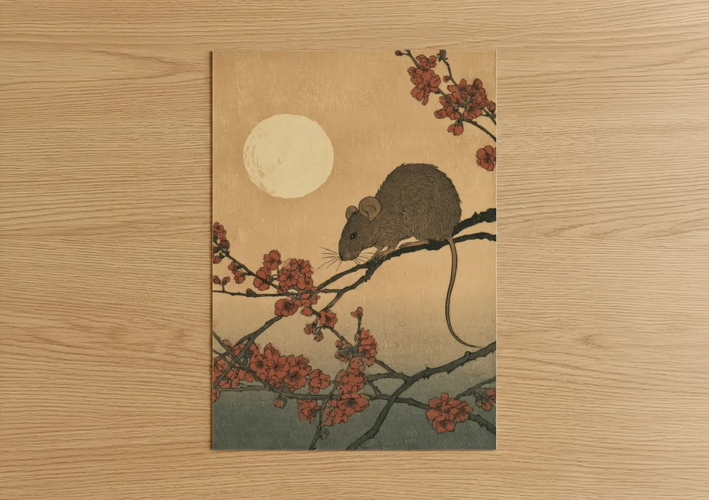 Mice art print on warm oak wood — cream and russet palette — Moonlit Mouse poster