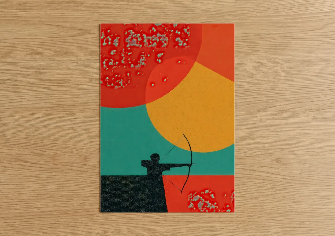 Archery art print on warm oak wood — red and gold palette — Sunset Archer poster